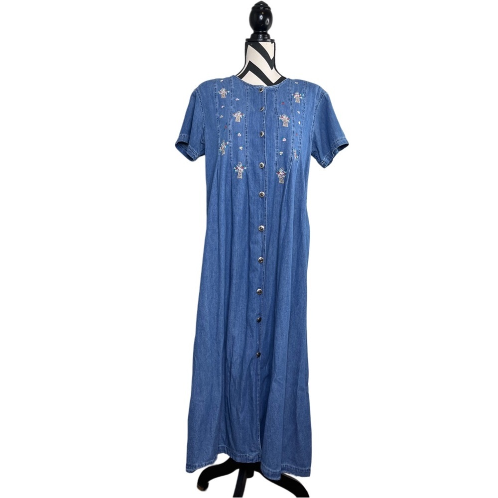 Vintage Sz S Floral Embroidered Cotton Cottagecore Denim Midi Button Front Dress
